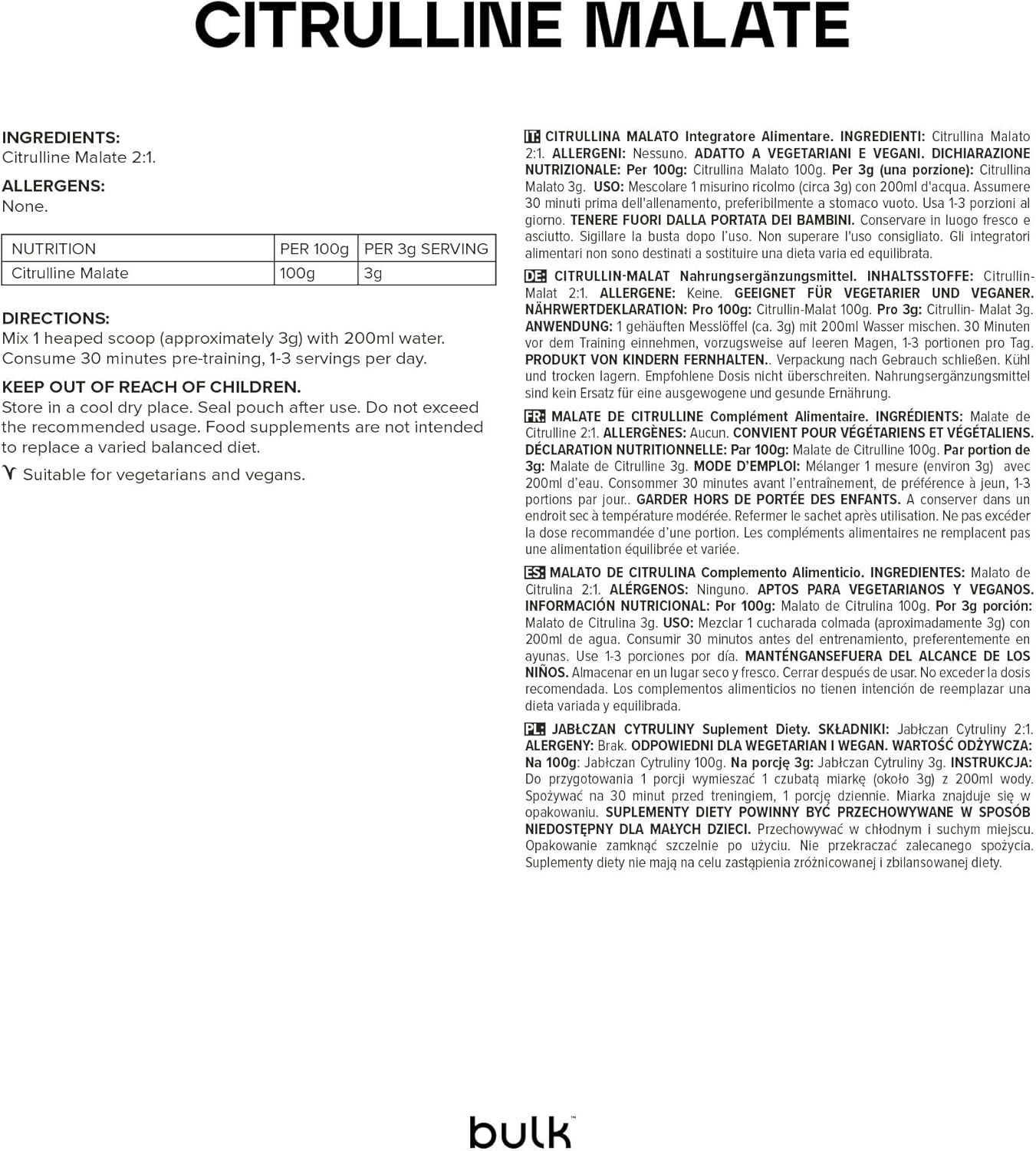 Label met informatie over Citrulline Malate 2:1. Bevat ingrediënten, allergenen, voedingswaarden en gebruiksaanwijzing.