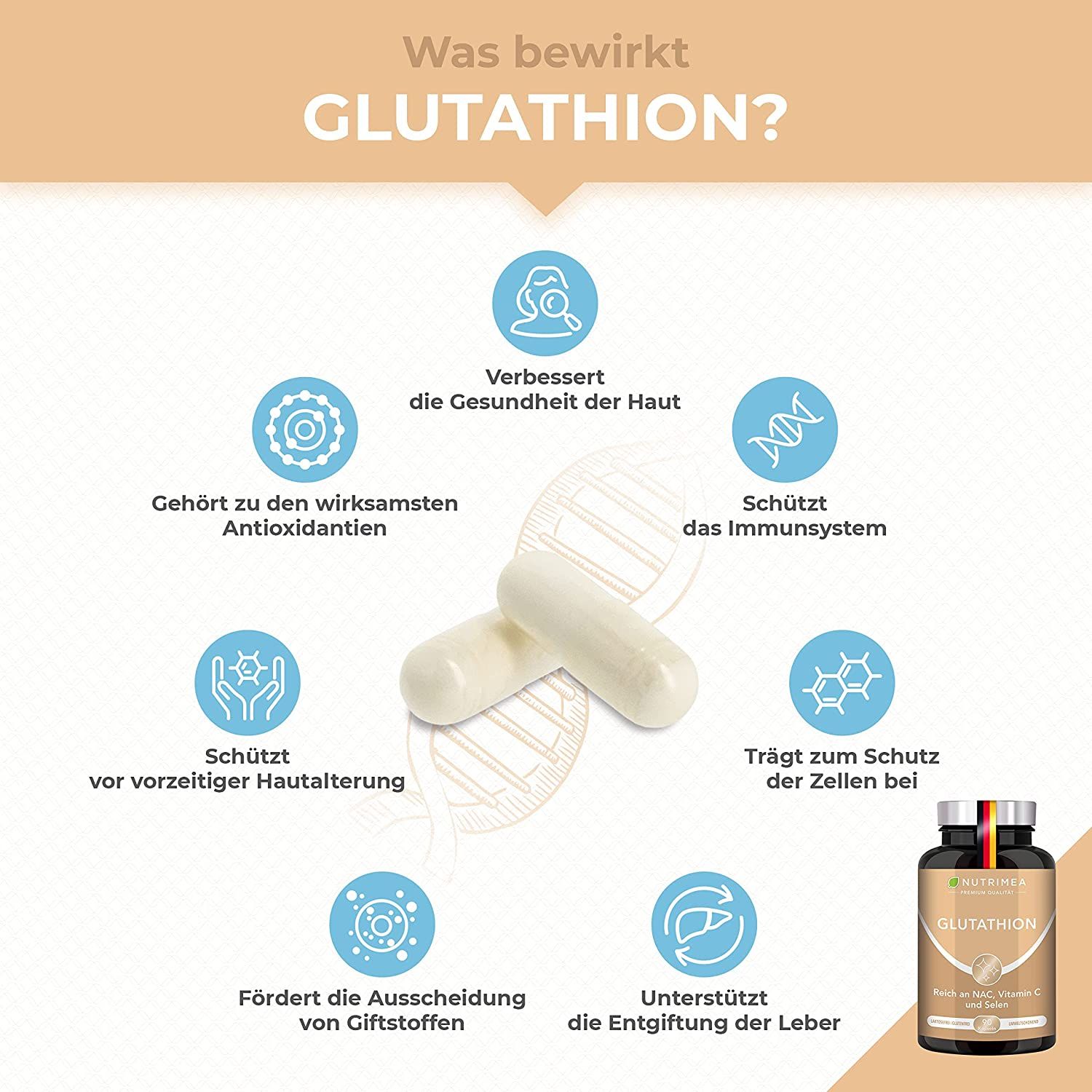 Grafiek met capsules en diagrammen. Opschrift: Wat doet GLUTATHION? Voordelen: huidgezondheid, immuunsysteem, antioxidanten.
