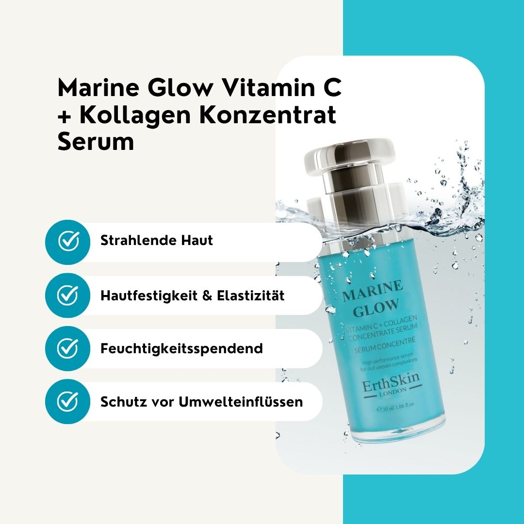Flacon de sérum dans l'eau. Inscription: Marine Glow, Vitamine C + Collagène. Marque: ErthSkin London. Texte: Peau éclatante, Fermeté & élasticité de la peau, Hydratant, Protection contre les agressions extérieures.