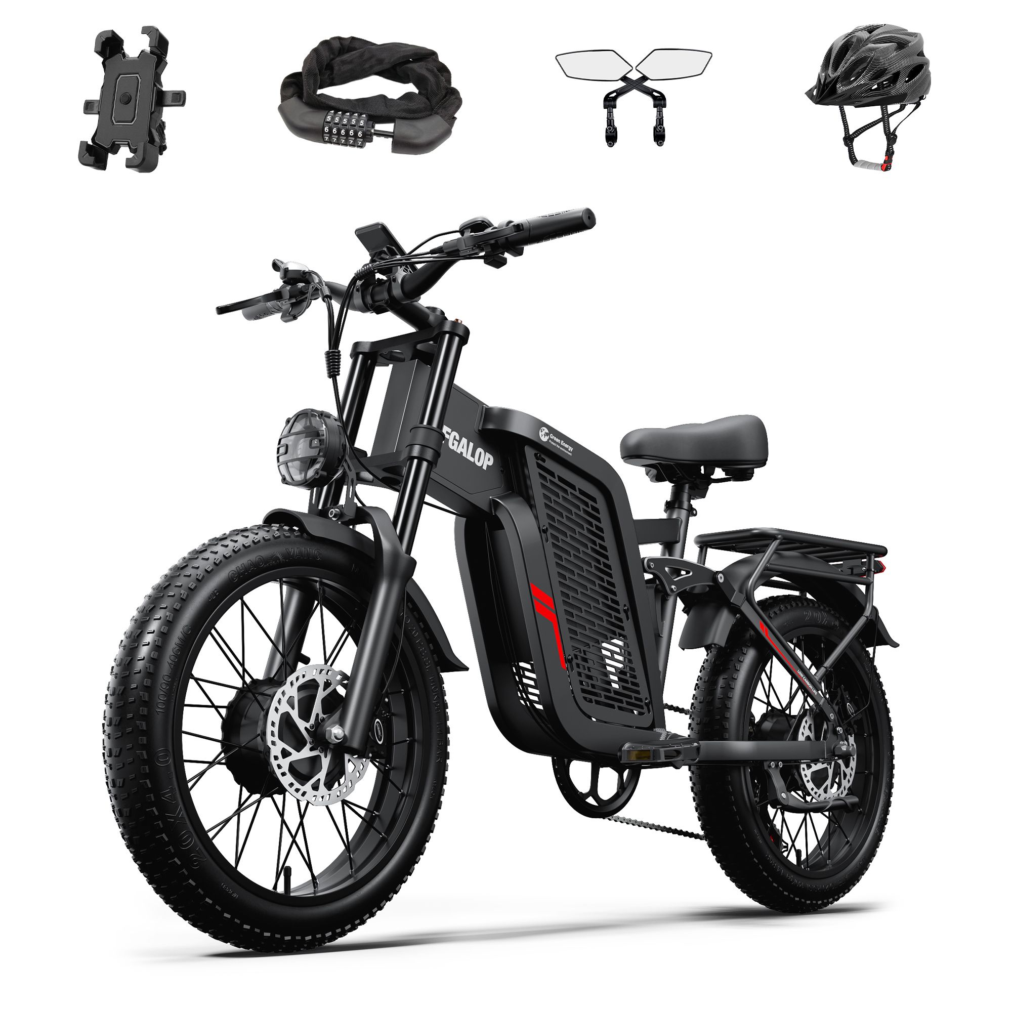 VTT électrique noir avec accessoires : casque, antivol, rétroviseurs, support téléphone. Gros pneus, freins à disque, porte-bagages.