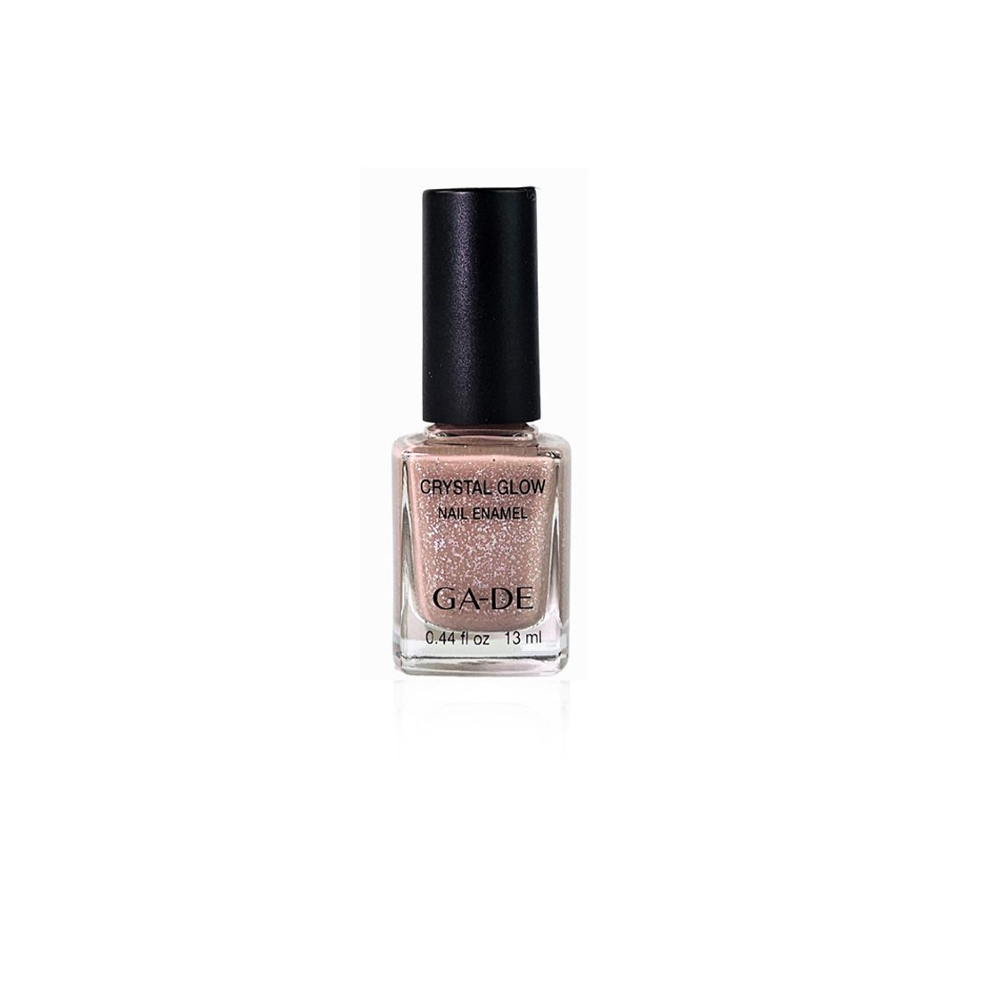 Ga-De Crystal Glow nagellak. Fles met zwarte dop. Roze glitter nagellak. Opschriften: Crystal Glow, Nail Enamel, Ga-De.