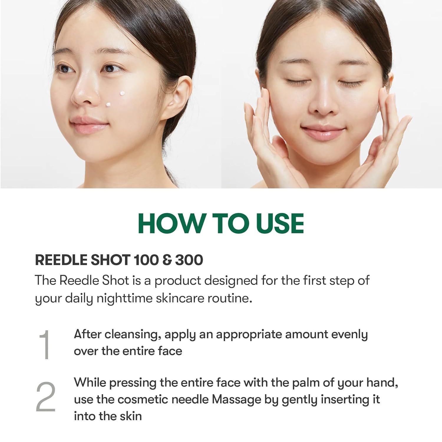 Instructions d'utilisation. Texte: Reedle Shot 100 & 300. Étapes: appliquer, masser. Texte en anglais.