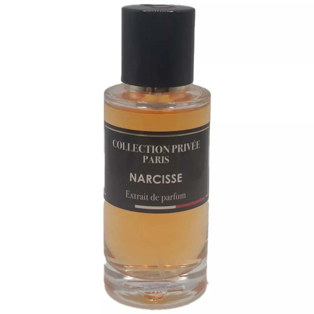Flacon d'extrait de parfum. Bouteille cylindrique en verre avec bouchon noir. Étiquette noire avec texte blanc: Narcisse, Extrait de parfum.