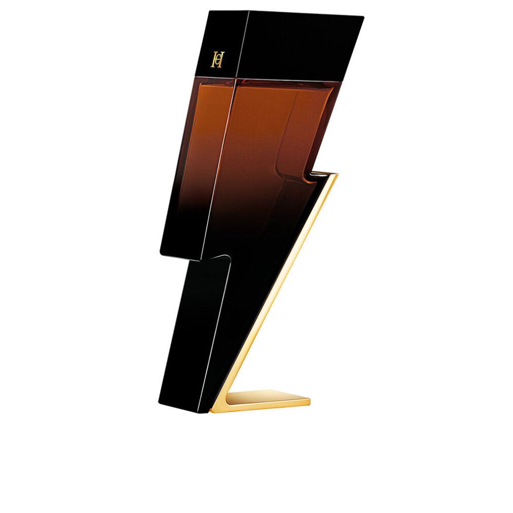 Bliksemvormige fles. Zwart en bruin. Gouden voet. Opschrift: Bad Boy.