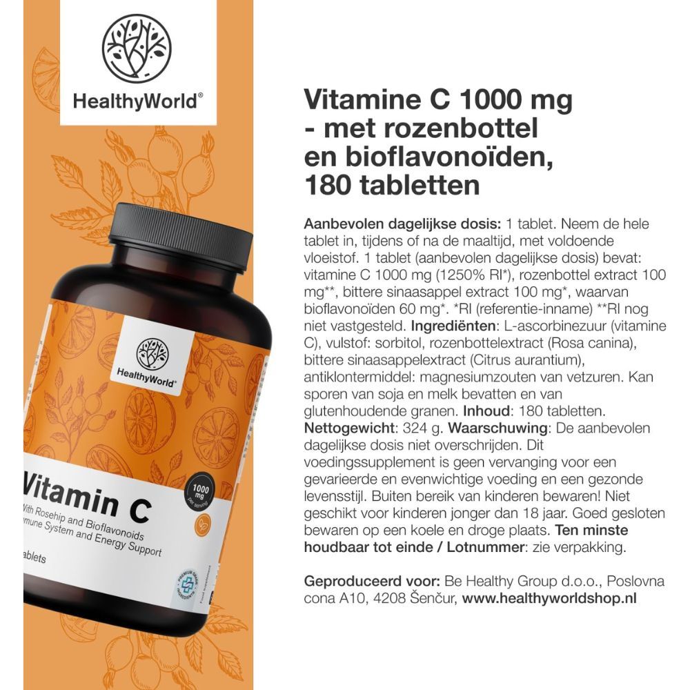 Fles vitamine C met tekst: Vitamine C 1000 mg met rozenbottel en bioflavonoïden. Merk: HealthyWorld. Tekst.