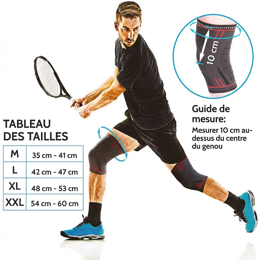 Tableau des tailles pour genouillères. Mesurer 10 cm au-dessus du milieu du genou. Tailles : M, L, XL, XXL.