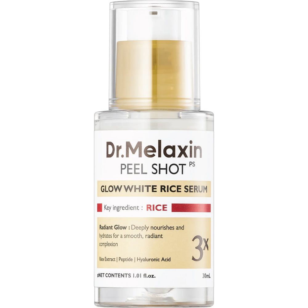 Serumfles met gouden dop. Opschrift: Dr. Melaxin Peel Shot, Glow White Rice Serum. 3x-markering.