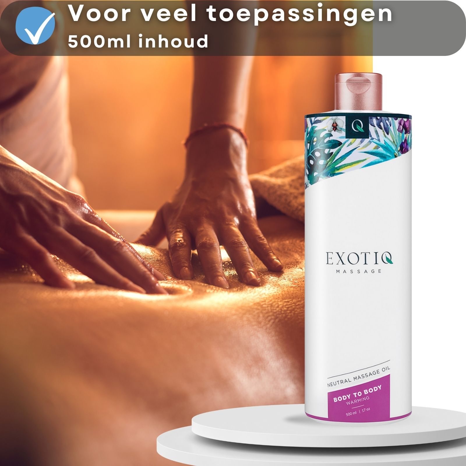 Massage op de rug. Massageoliefles. Tekst: Body to Body Warming.
