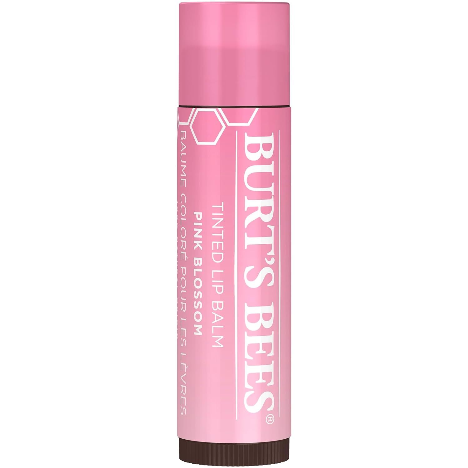 Baume à lèvres teinté Pink Blossom de Burt's Bees. Tube rose avec texte blanc. Capuchon dessus.