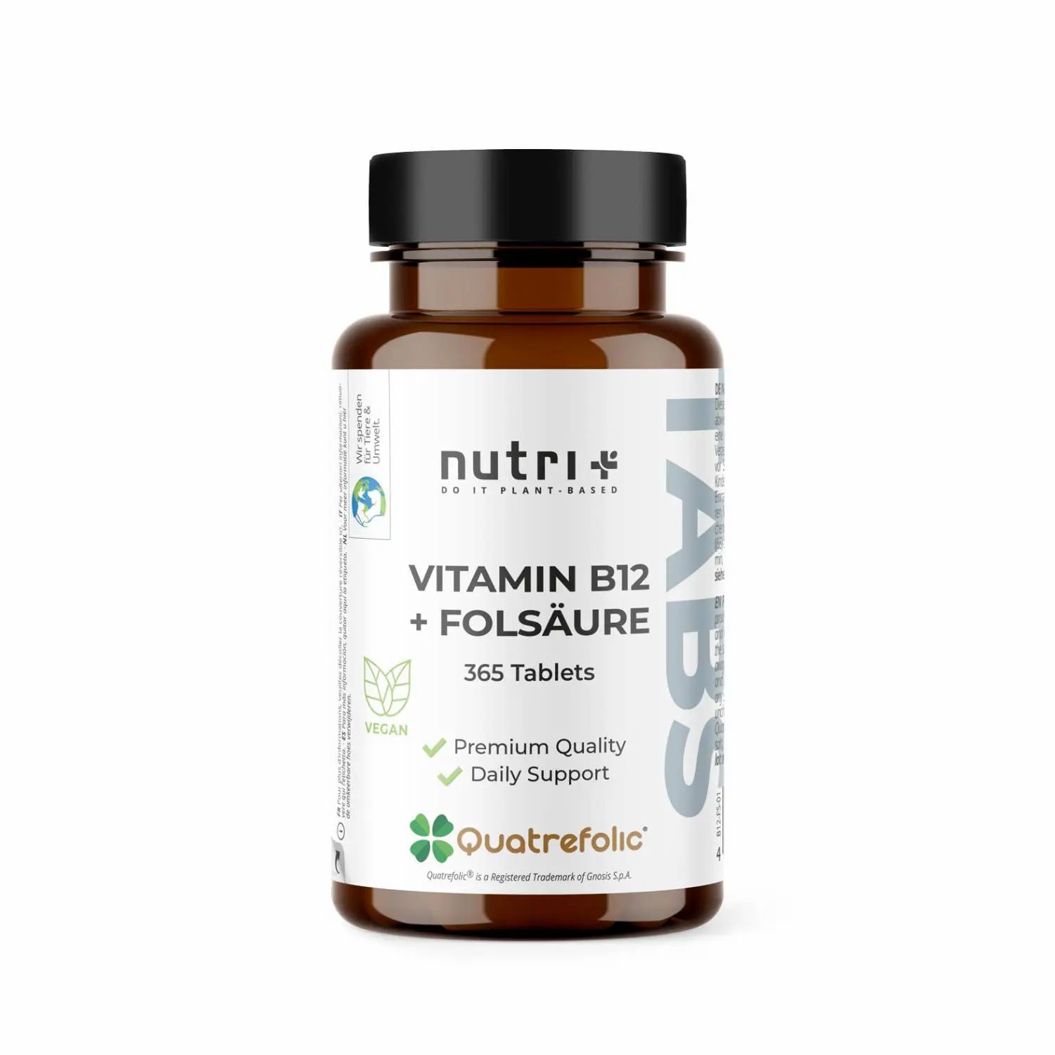 Bruine tablettenfles met zwarte dop. Opschrift: nutri+ Vitamine B12 + Foliumzuur, 365 tabletten, vegan, Quatrefolic.
