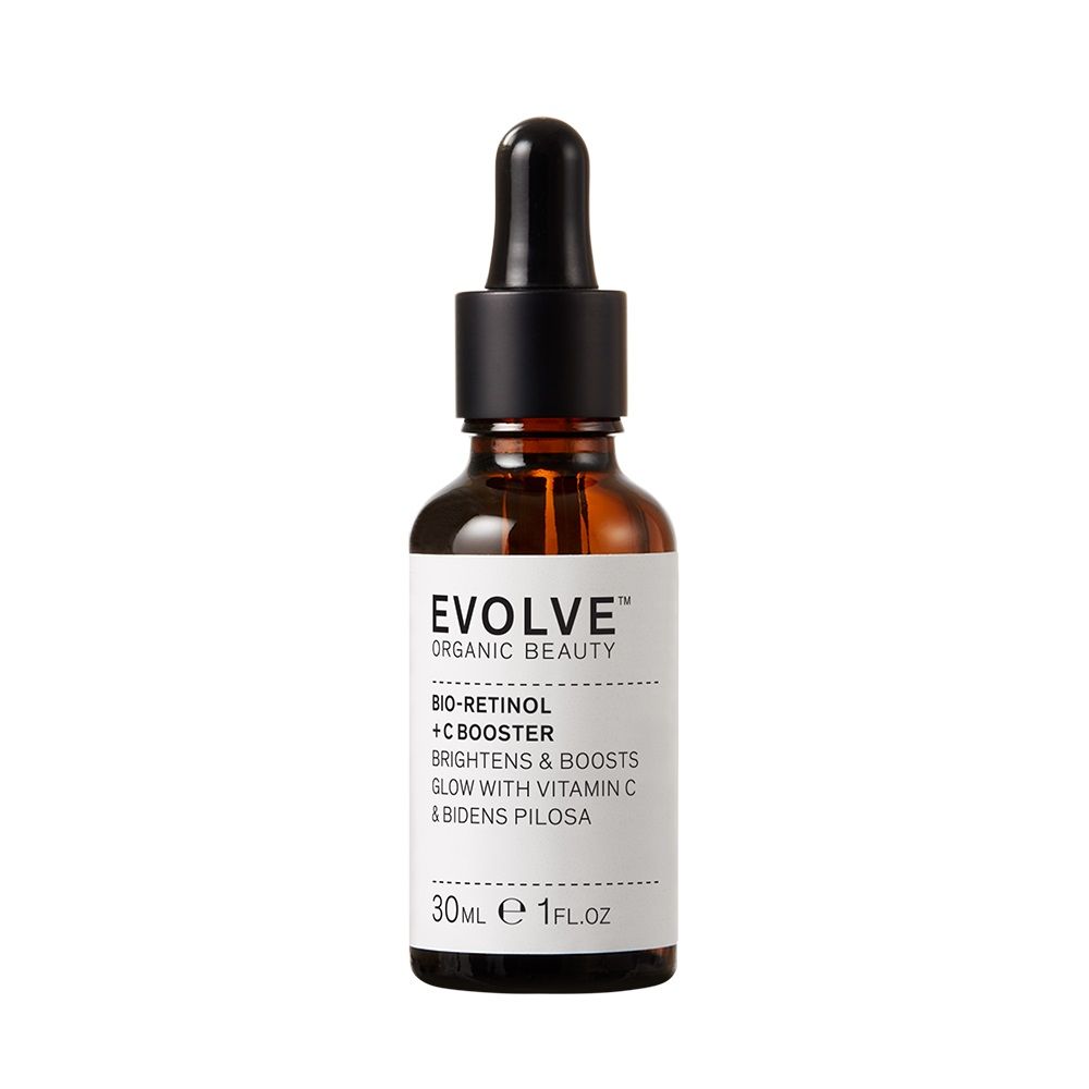 Bruine glazen fles met druppelaar, etiket 'Evolve Organic Beauty Bio-Retinol + C Booster', 30ml.