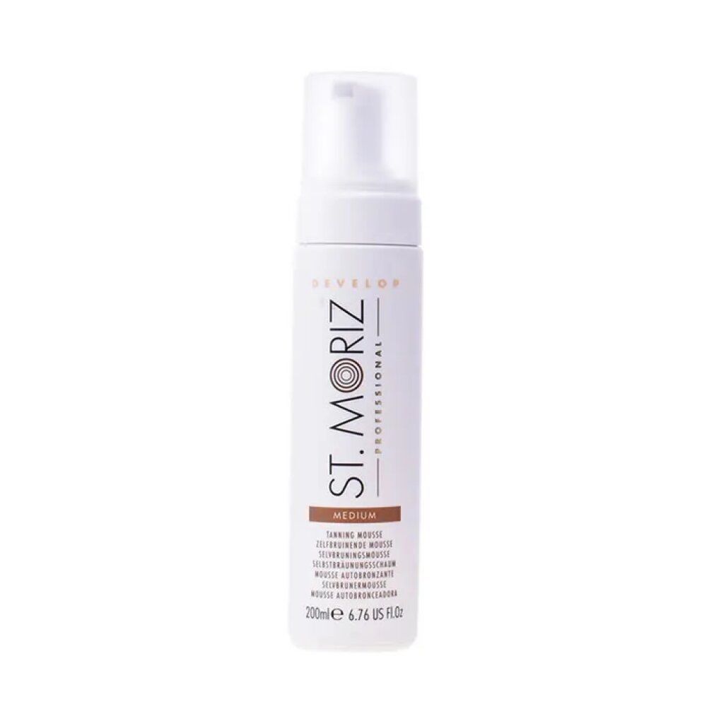 Flacon blanc avec pompe. Inscription: St. Moriz Professional, Medium, mousse autobronzante. 200ml.