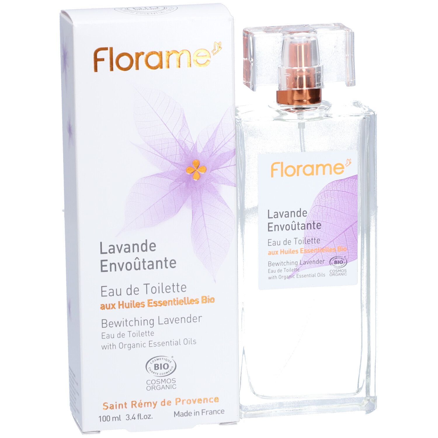 Flacon et boîte avec logo et nom du produit. Inscription : Lavande Envoûtante, Eau de Toilette, Bio.