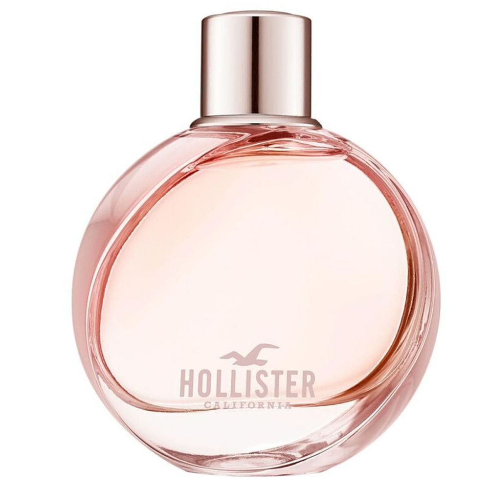 Ronde parfumfles met roze vloeistof. Zilveren dop. Logo onderaan. Weerspiegeling op witte achtergrond.