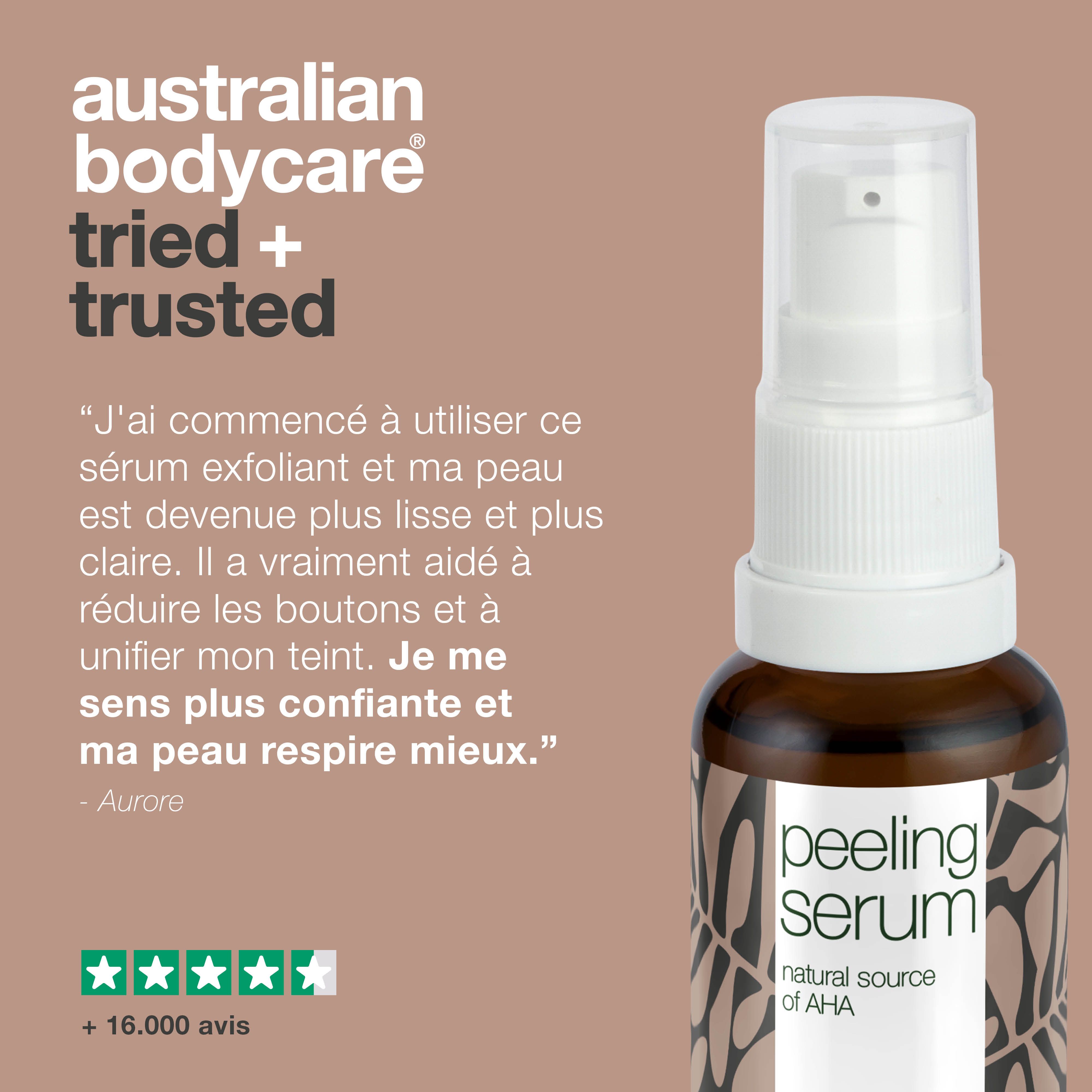 Flacon de sérum peeling. Citation : "Le sérum peeling a nettement amélioré ma peau." Évaluation par étoiles.
