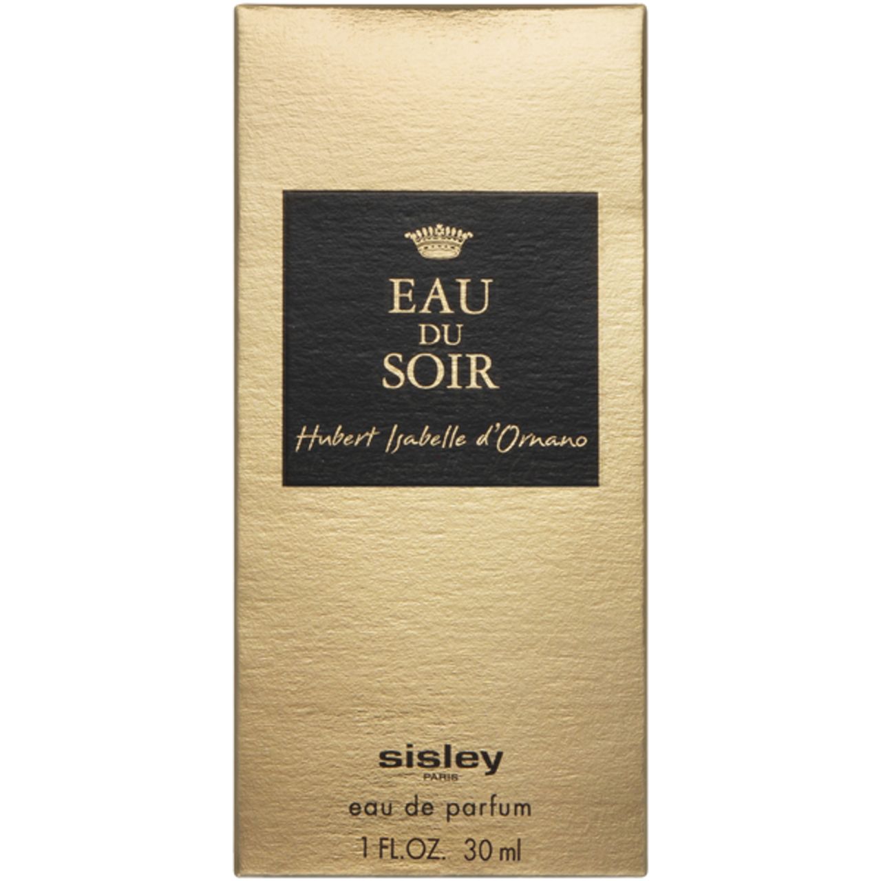 Gouden verpakking. Zwarte rechthoek met tekst: Eau du Soir, Hubert Isabelle d'Ornano. Merk Sisley. Eau de Parfum.