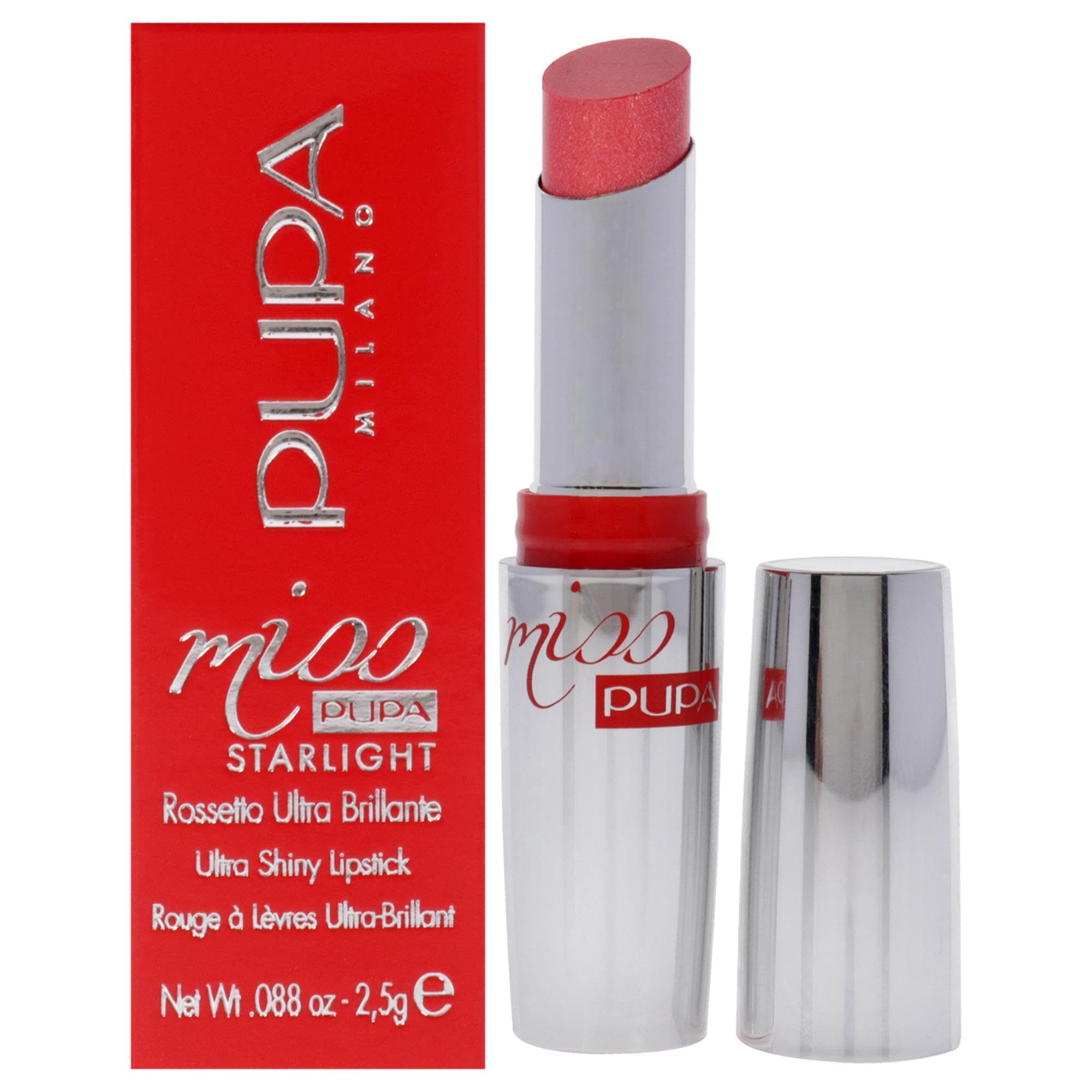 Pupa Miss Pupa Starlight Lipstick, een glanzende roze lipstick in zilveren huls met rode dop en verpakking.