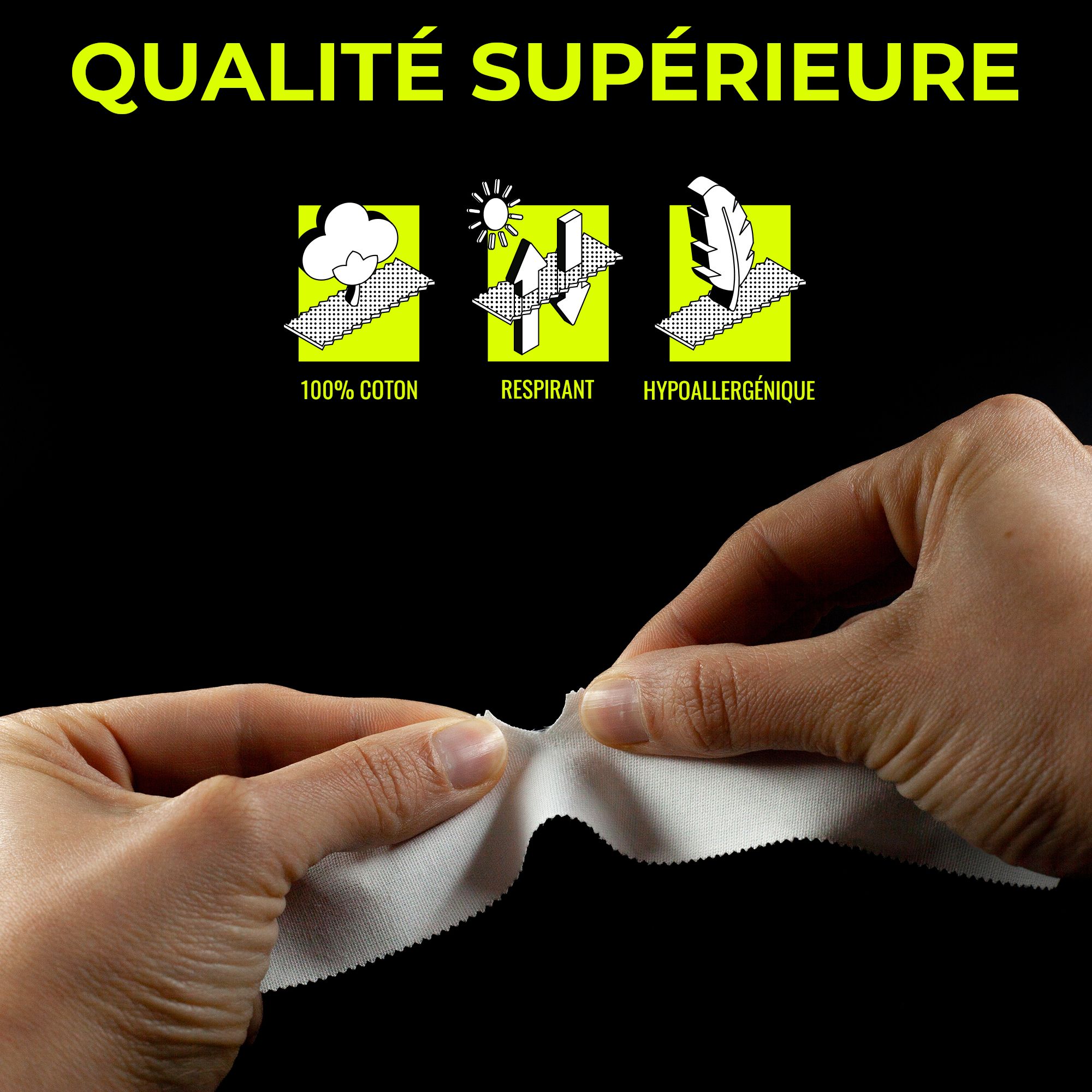 Un rouleau de ruban de sport blanc avec des icônes pour 100% coton, respirant et hypoallergénique.