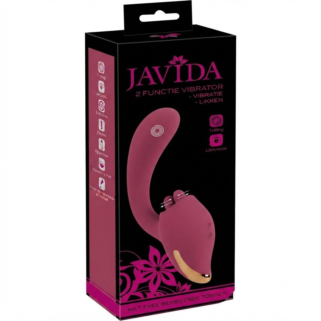 Paarse vibrator met gebogen schacht, twee stimulatoren en een USB-oplaadkabel ernaast.