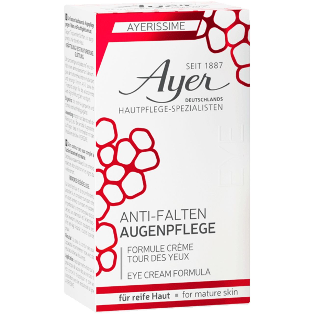 Verpakking van Ayer oogcrème. Opschrift: Anti-Falten Augenpflege, Eye Cream Formula. Voor de rijpere huid.