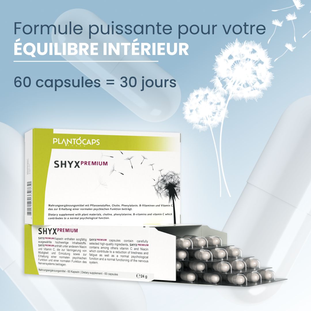 Emballage PlantoCaps SHYX PREMIUM avec motif pissenlit, capsules et infos équilibre intérieur.