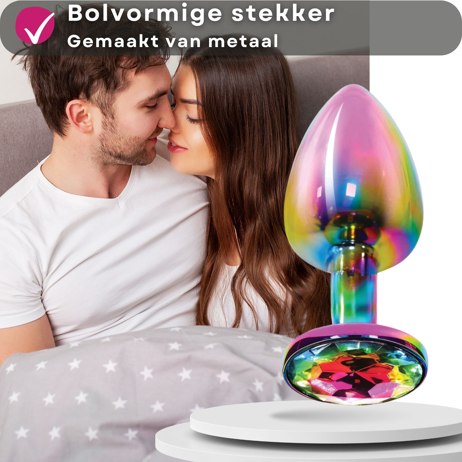Bolvormige plug van metaal. Paar op de achtergrond. Kegelvormige kop, ronde basis met steen.
