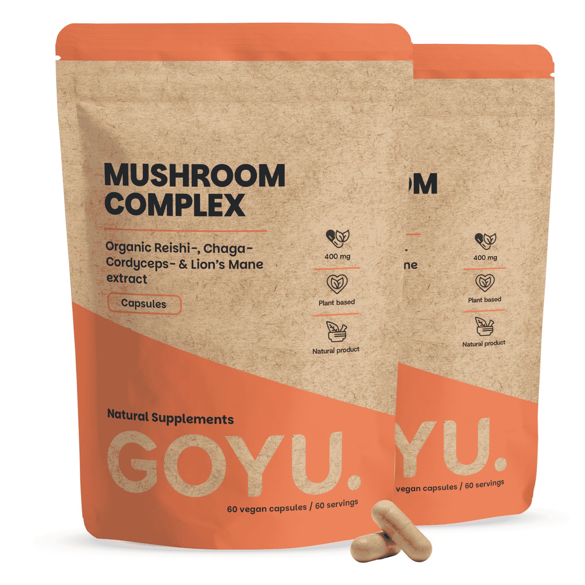 Twee verpakkingen GOYU Mushroom Complex capsules. Bruine zakjes met oranje accenten. Bevat biologische Reishi-, Chaga- en Lion's Mane-extracten.