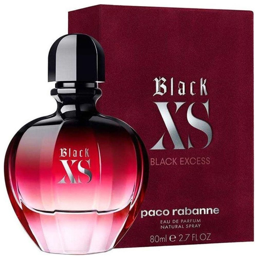 Flacon de parfum dégradé rouge et bouchon noir. Inscription Black XS. Avec emballage.