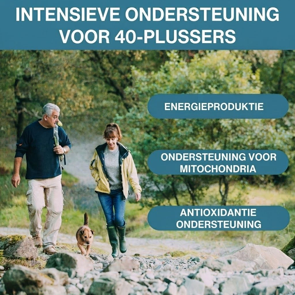 Ouder koppel wandelt, gericht op energie, mitochondriën en antioxidanten.