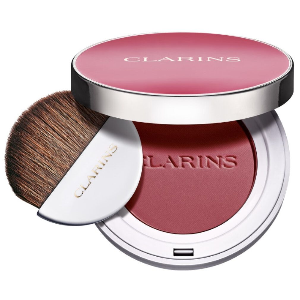 Boîtier de blush rond avec pinceau. Couvercle et manche avec nom de marque. Blush prune.