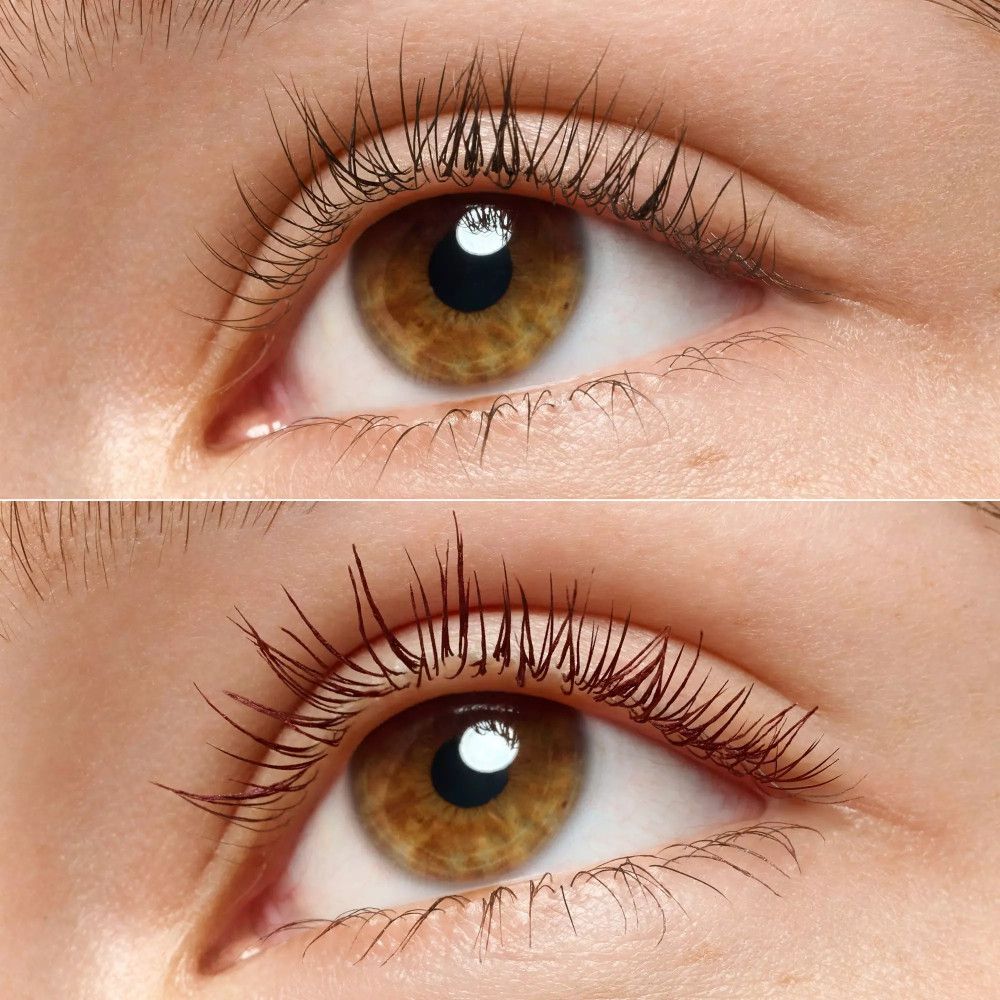 Yeux avec et sans mascara. En haut: sans. En bas: avec. Cils allongés.