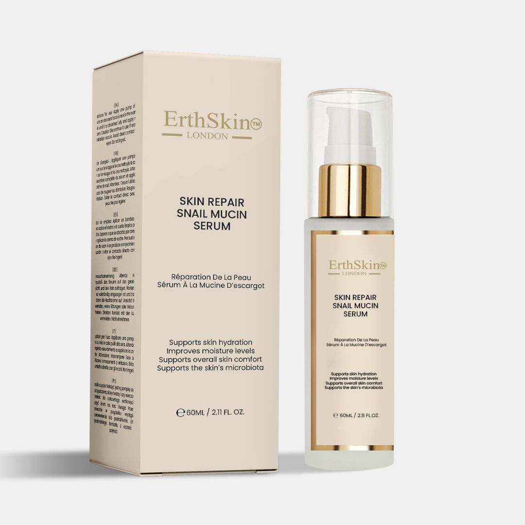 Fles en doos voor huidherstellend slakken slijm serum. Etiketten met productinformatie.
