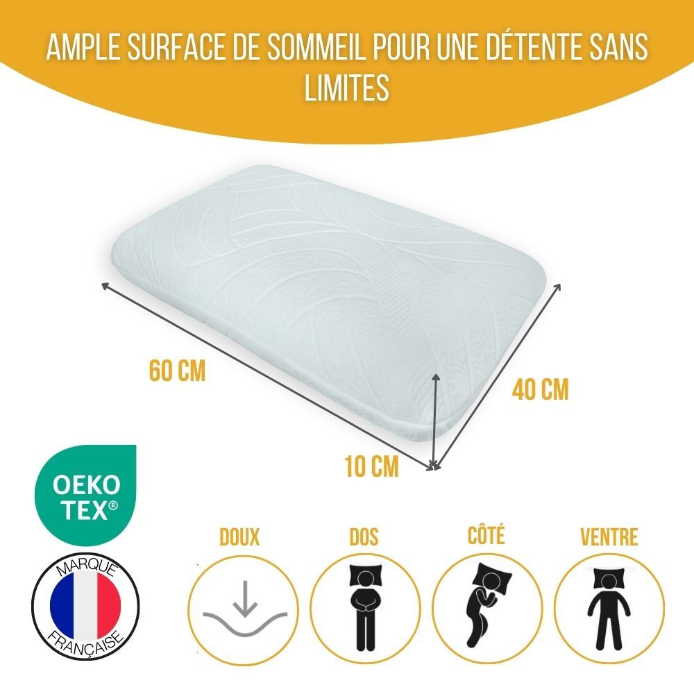 Oreiller avec dimensions 60x40x10 cm. Certification Oeko-Tex. Pour dormir sur le dos, côté et ventre.