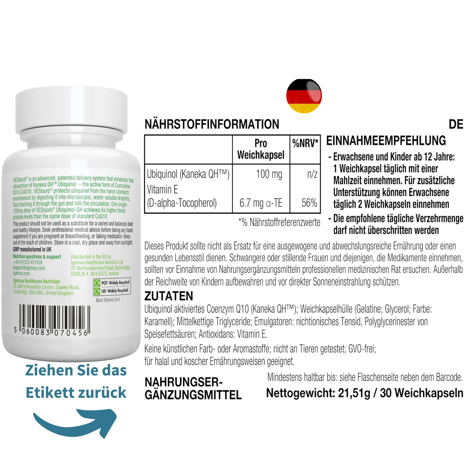 Arrière d'un flacon Igennus Ubiquinol-QH avec informations nutritionnelles et instructions.