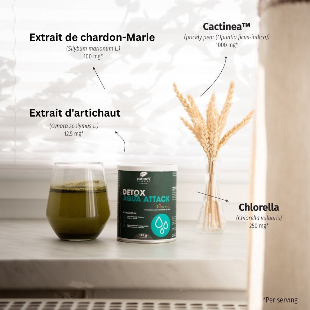 Boîte Detox Aqua Attack, à côté d'un verre de boisson verte. Ingrédients: Extrait d'artichaut, chardon-Marie, Chlorella, Cactinea.