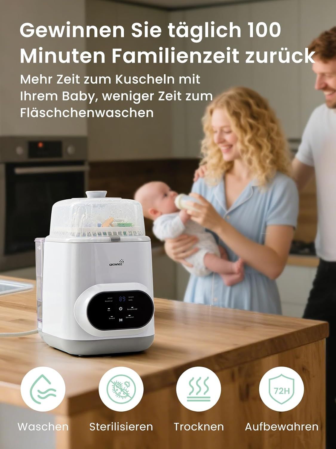 Stérilisateur de biberons sur table en bois, famille avec bébé à côté. Icônes pour lavage, stérilisation, séchage, conservation.
