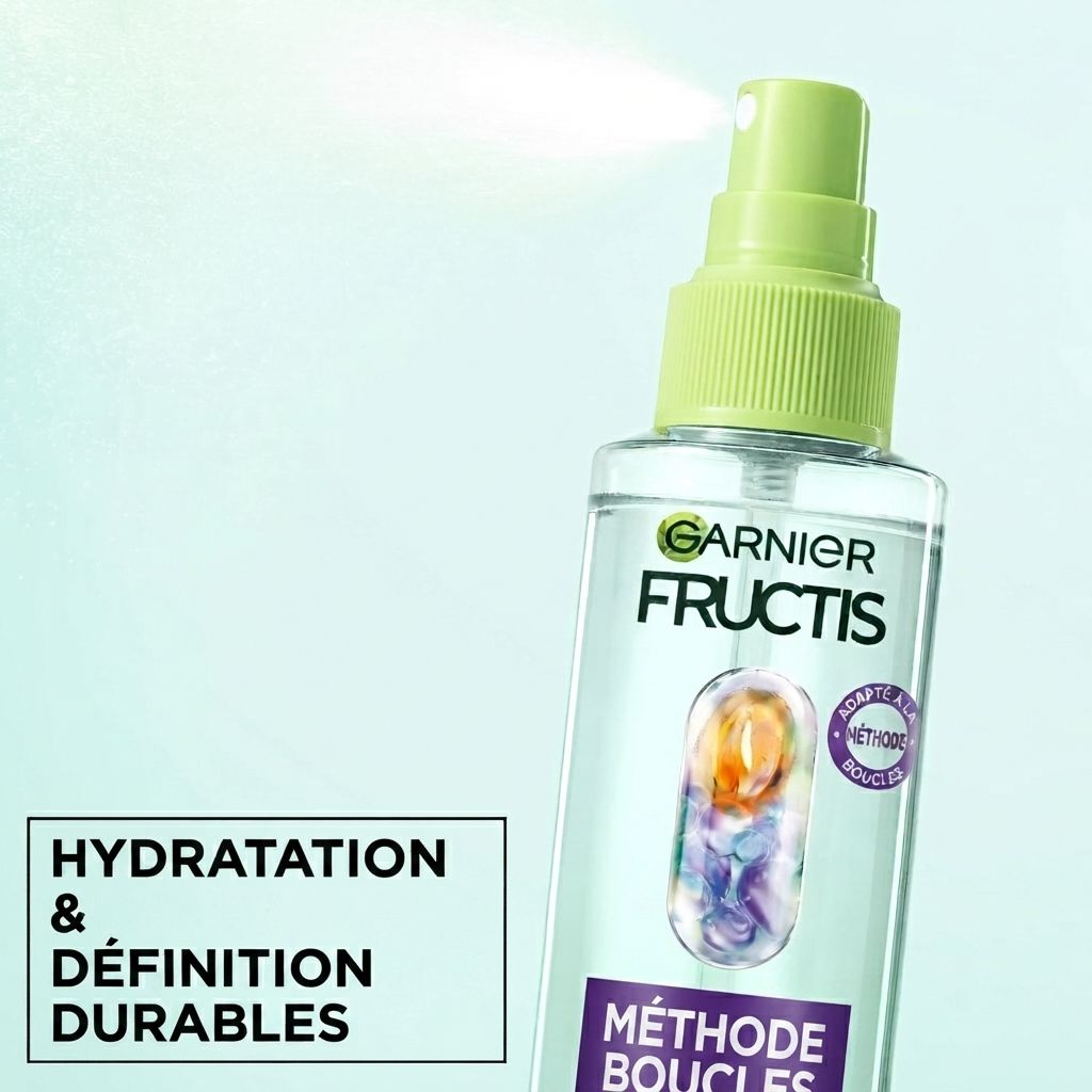 Flacon Garnier Fructis avec spray, pour cheveux bouclés.