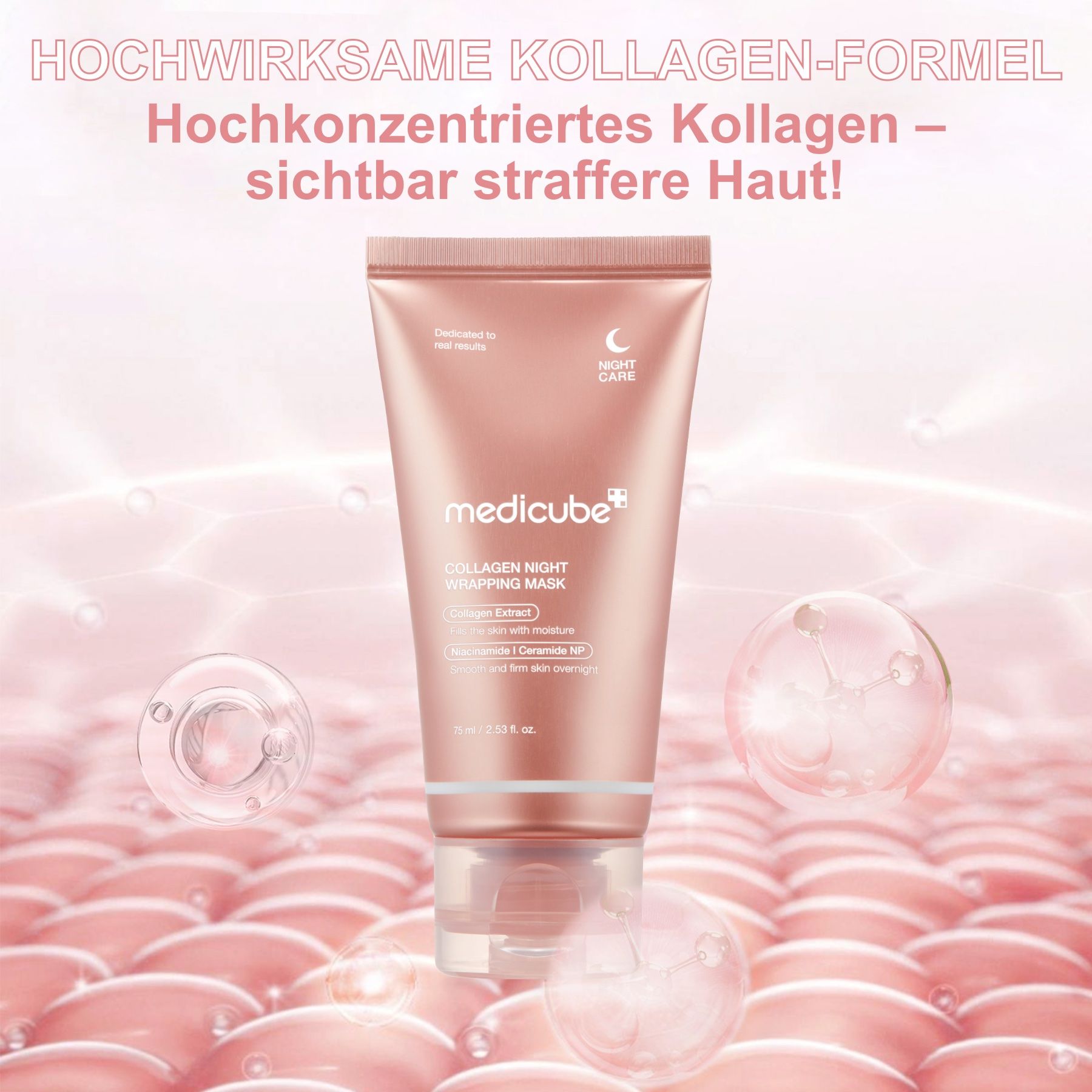 Un tube de Medicube Collagen Night Wrapping Mask avec des icônes pour les bienfaits des soins de la peau.