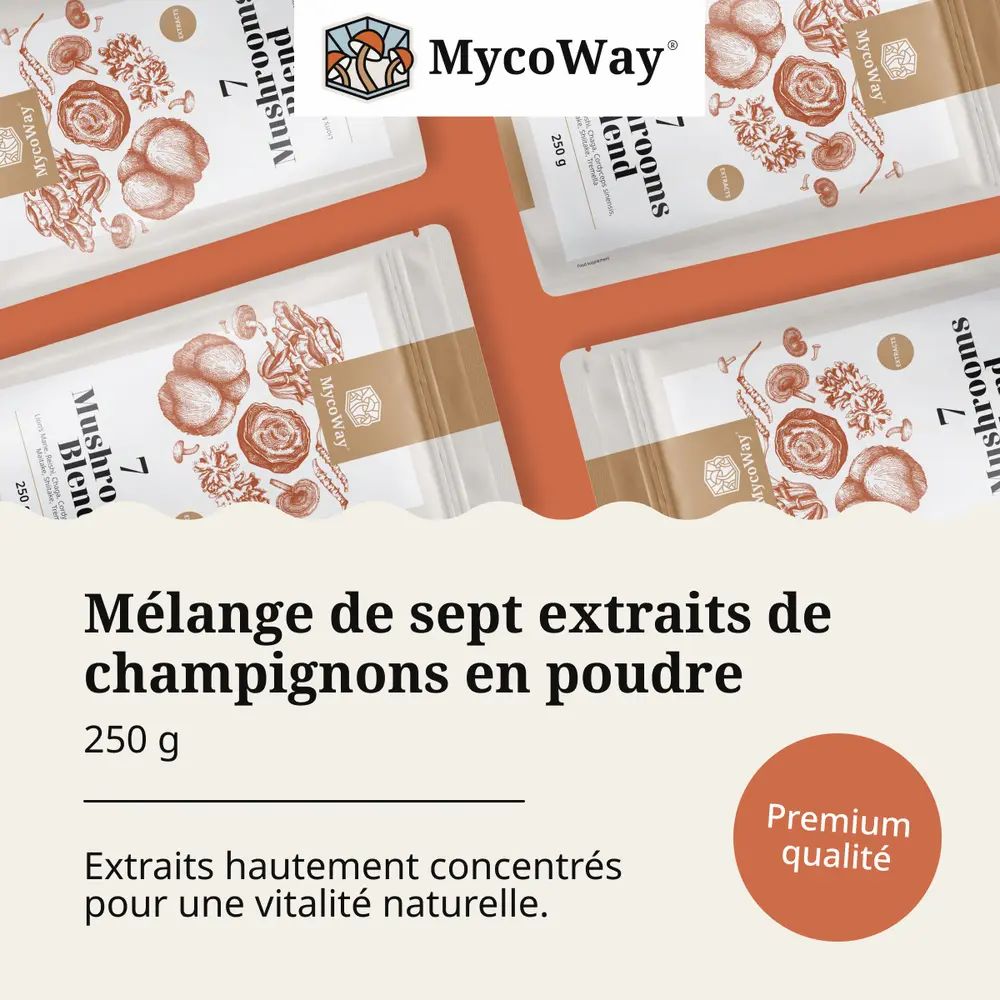 Emballages de produits avec texte. Texte: Mélange de sept extraits de champignons en poudre, 250 g. Extraits hautement concentrés.