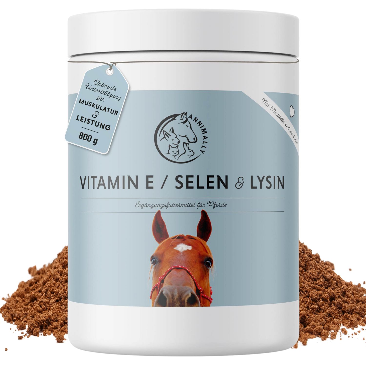 Complément alimentaire pour chevaux. Pot de Vitamine E / Sélénium & Lysine. 800g. Soutien optimal pour la musculature et la performance.