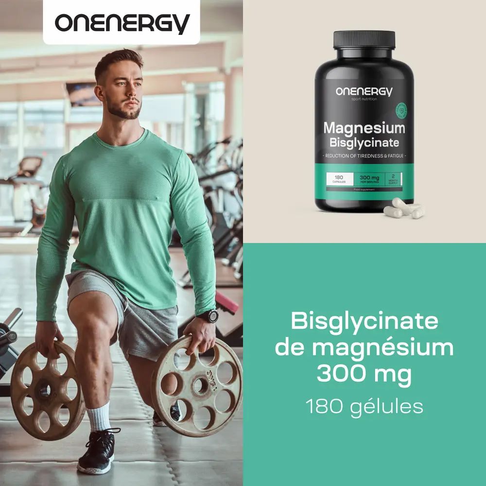 Homme avec flacon. Texte : Bisglycinate de magnésium 300 mg, 180 gélules. Homme avec haltères.