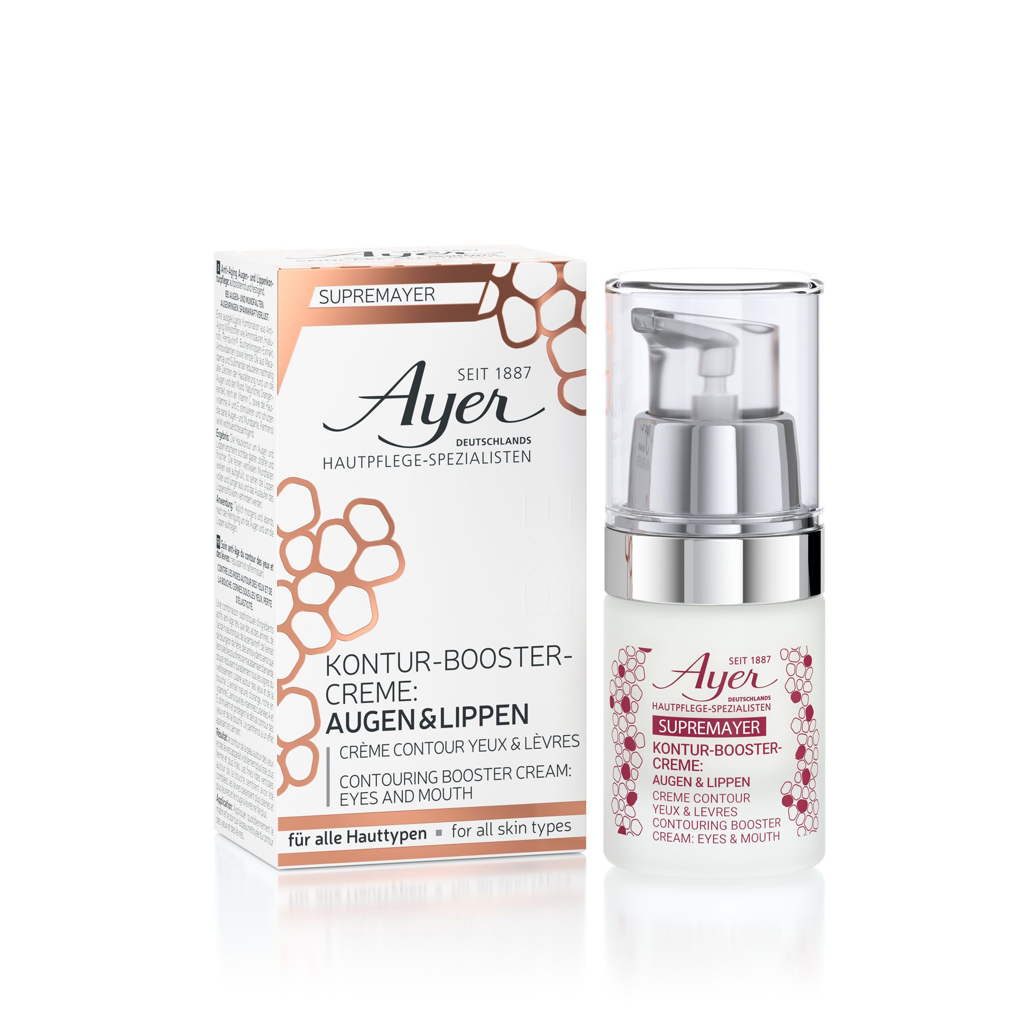 Flacon de crème et boîte. Inscription: Ayer, SupremAyer, Contour Booster Crème Yeux & Lèvres. Pour tous types de peau.