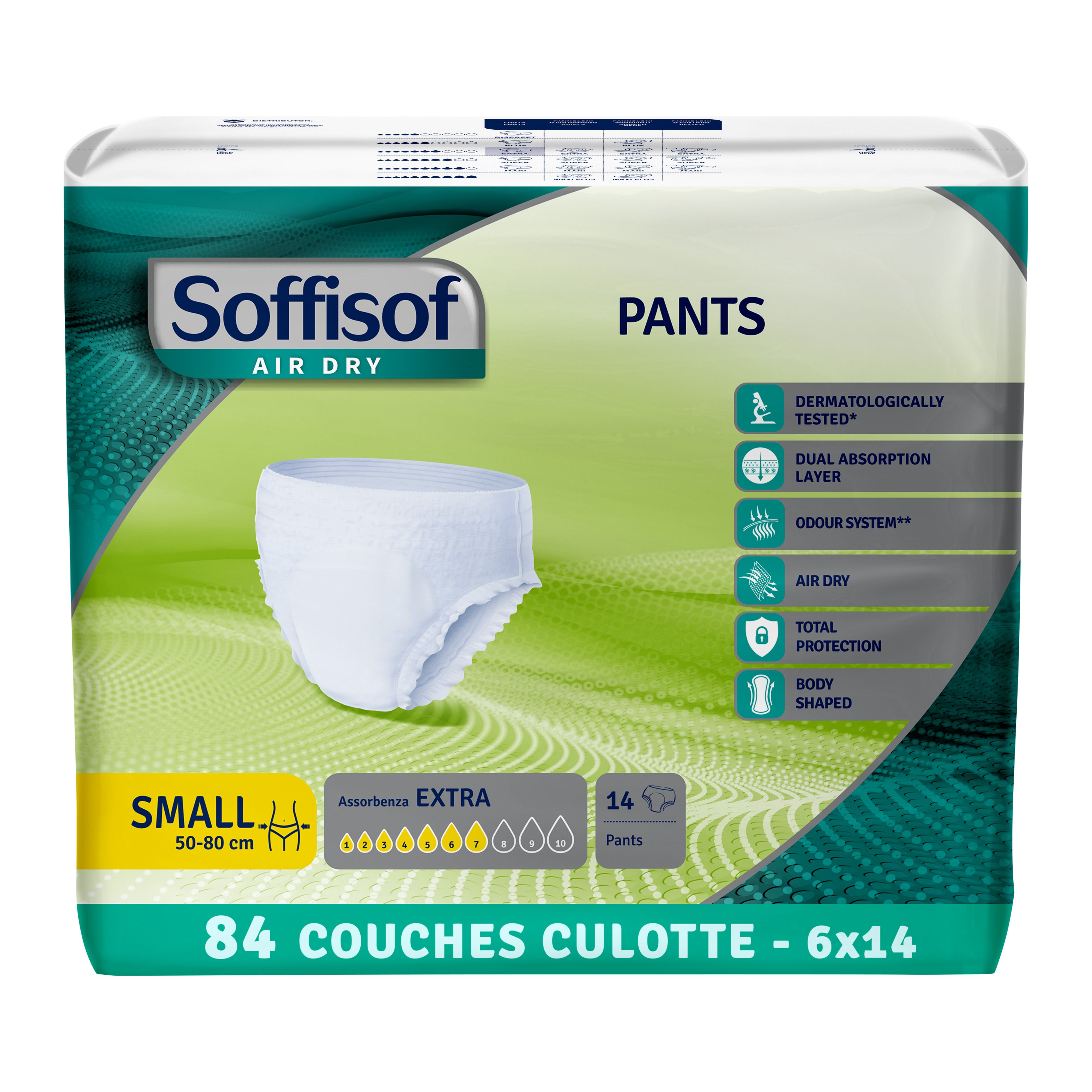 Paquet de Soffisof Pants Extra, taille Small, 14 pièces. Caractéristiques : testé dermatologiquement, double couche absorbante, système anti-odeurs.