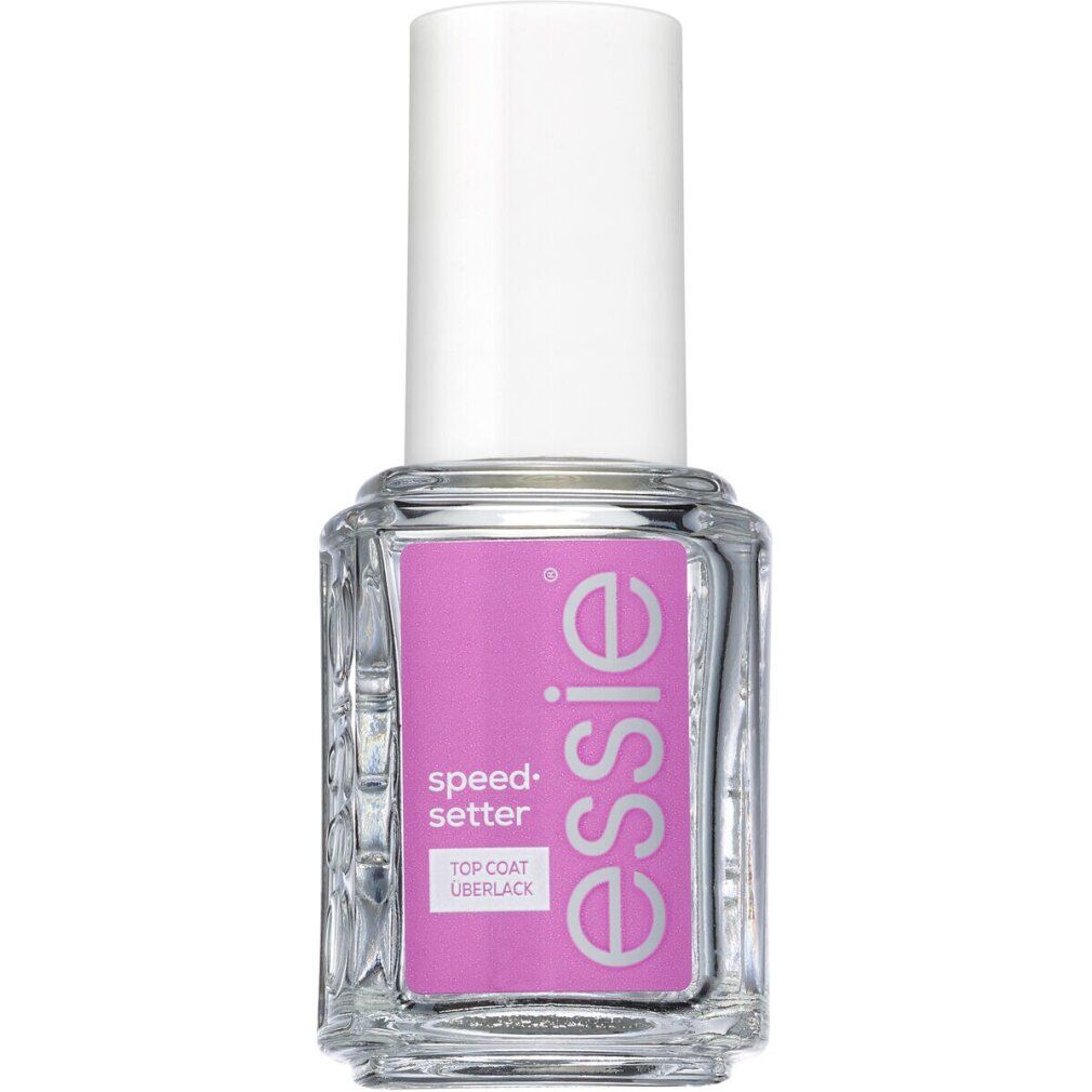 Flacon transparent avec bouchon blanc et étiquette rose. L'étiquette indique "essie speed-setter top coat uberlack".