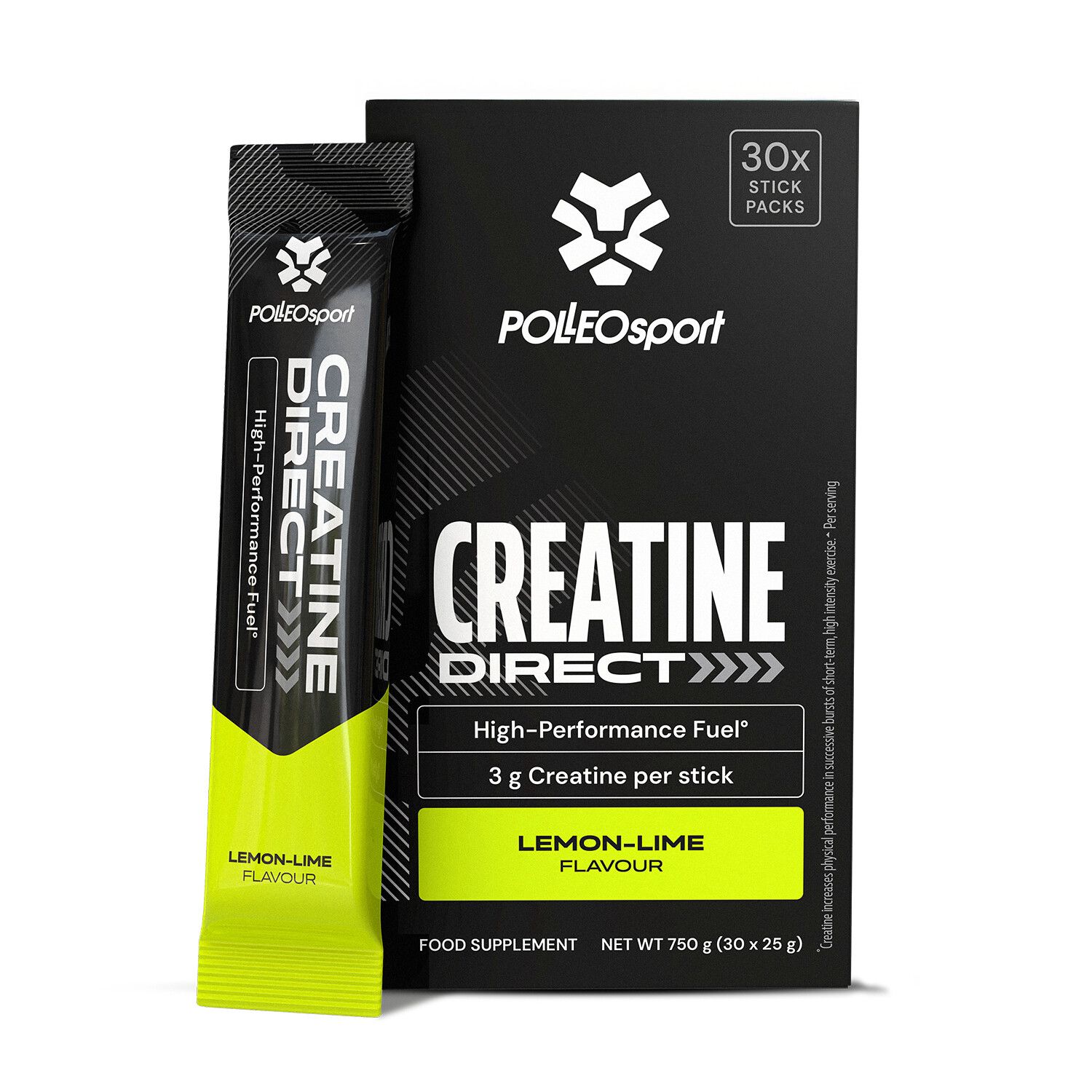 Zwarte verpakking met "Creatine Direct" en "30x Stick Packs". Enkele gele stickverpakking met "Lemon-Lime Flavour".