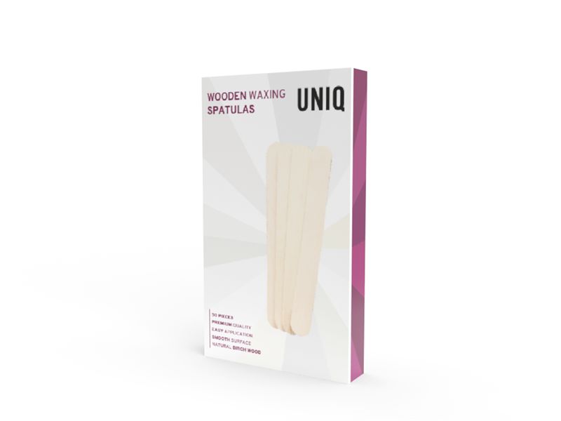 Verpakking voor wax spatels met opschrift 'UNIQ WOODEN WAXING SPATULAS'.