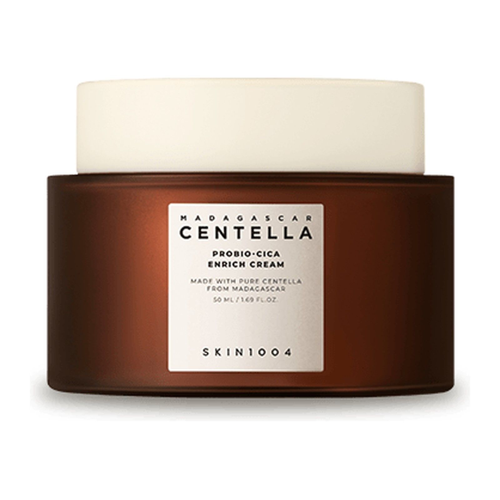 SKIN1004 Madagascar Centella Probio-Cica Enrich Cream in bruine pot met witte deksel.