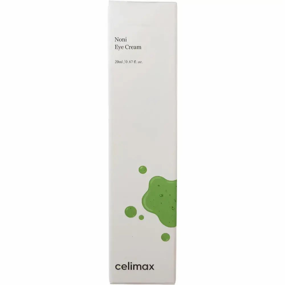 Witte verpakking met groene vlekken. Tekst: 'Noni Eye Cream' en 'celimax'.