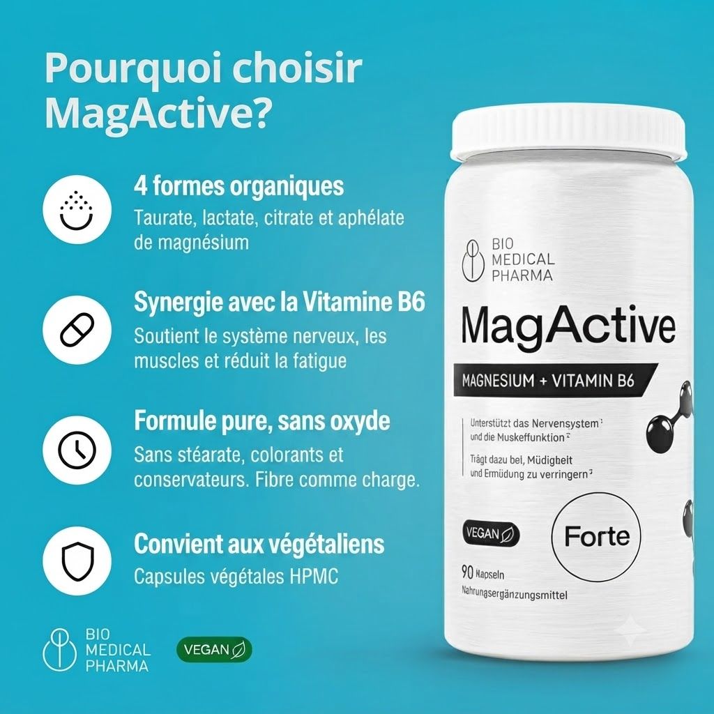 Bouteille MagActive Magnésium + Vitamine B6, 90 gélules, Forte.