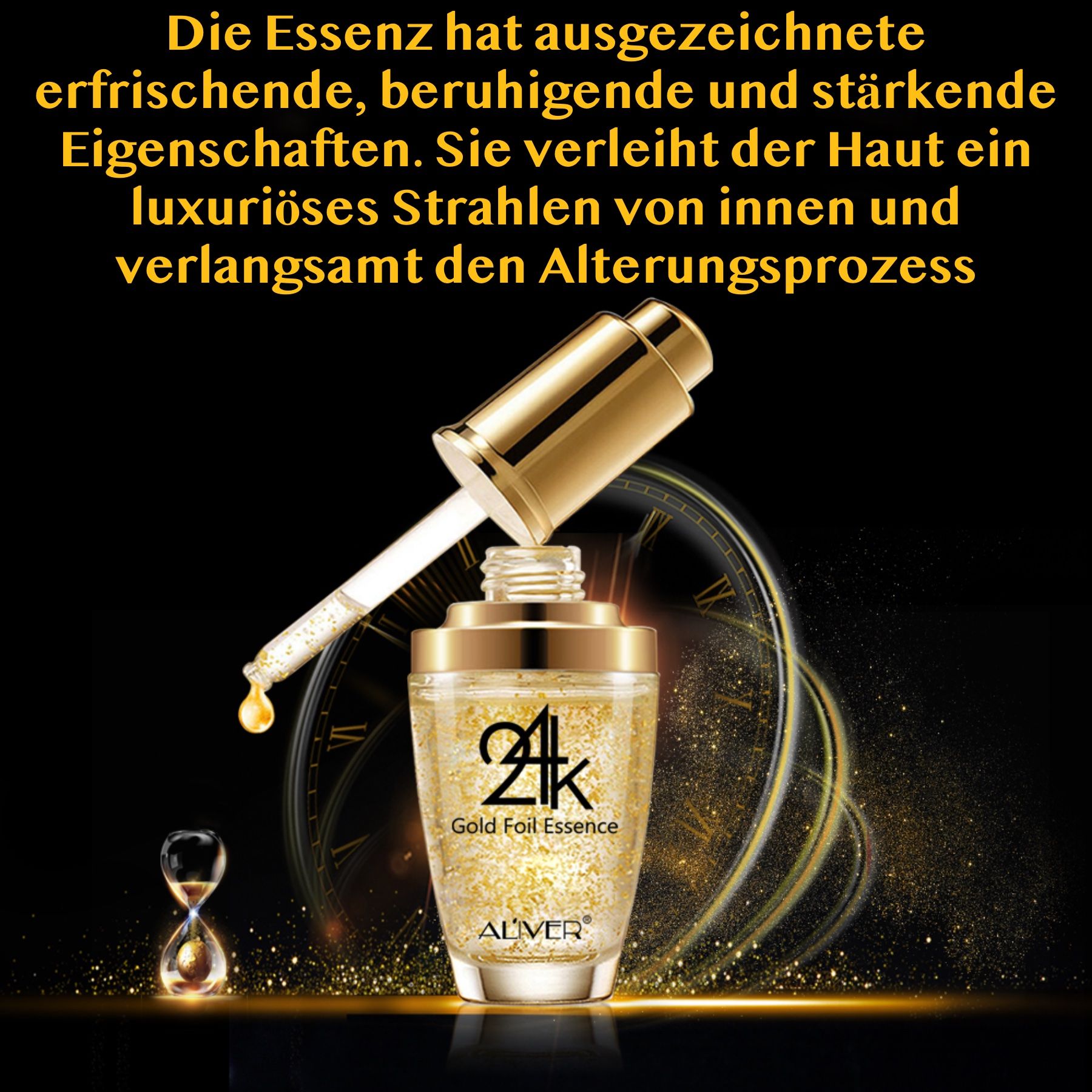 Gouden essencefles met pipet. Opschrift: 24K Gold Foil Essence, ALIVER.